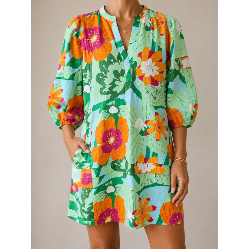Maude Vivante Floral Tunic Dress XS Bright Retro Boho Chic 100% Cotton Mini